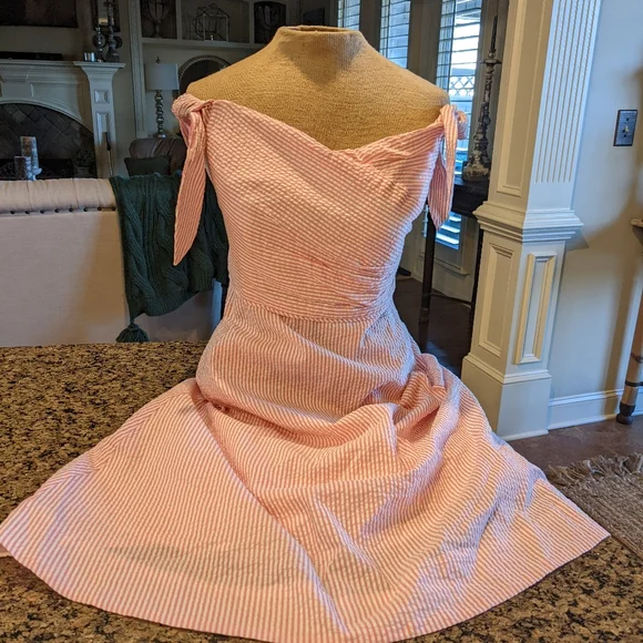 strapless open back dress Tea Party Smocked Pink Seersucker Dress